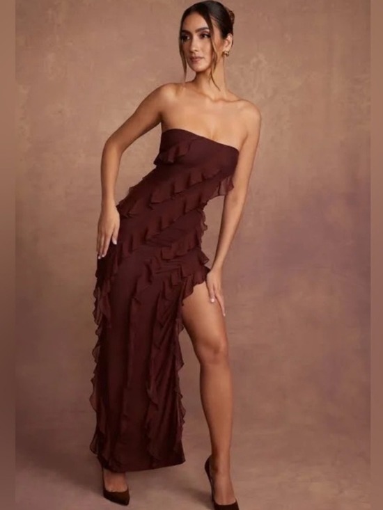 Oh Polly Dresses & Skirts - Oh Polly Nevali Bandeau Ruffle Detail Maxi Dress in Brown